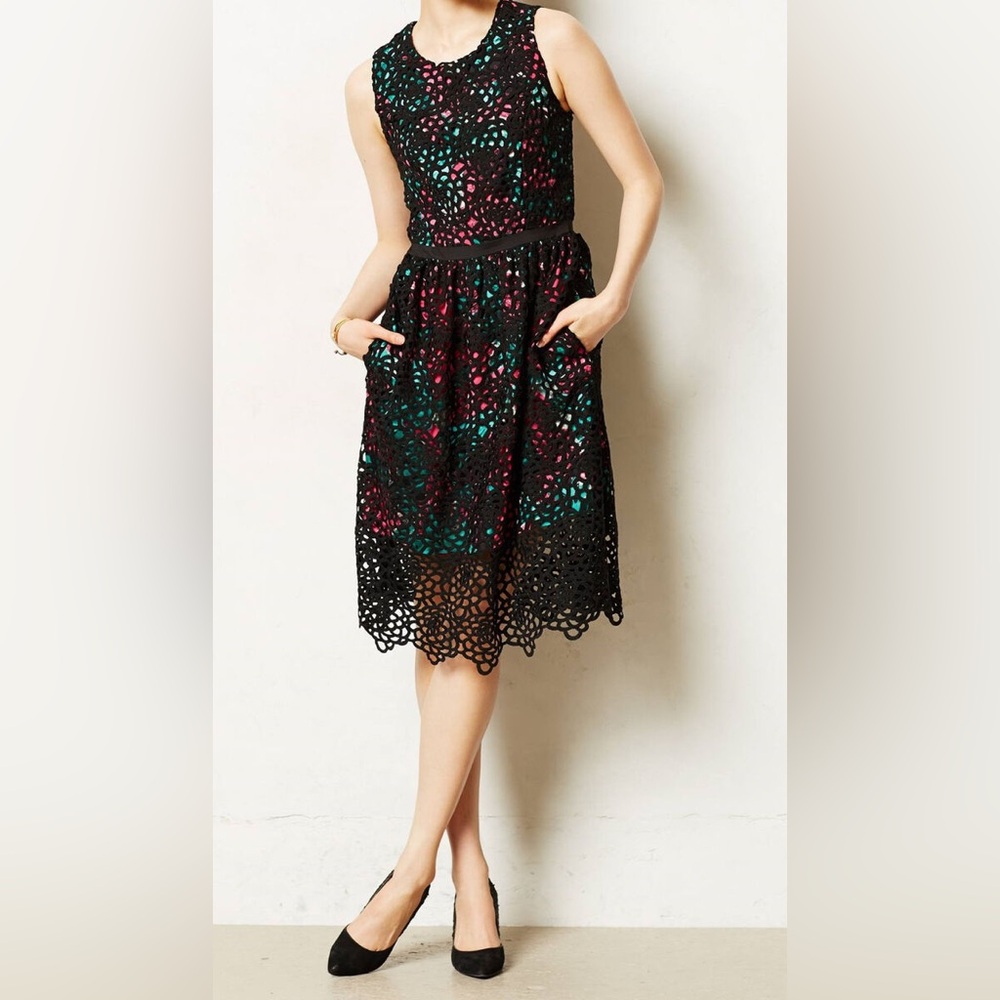 NWT ANTHROPOLOGIE Wolven Black Lacy Terrace Fit Flare Dress